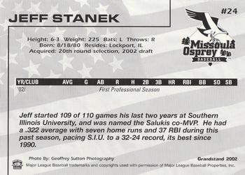 2002 Grandstand Missoula Osprey #24 Jeff Stanek Back
