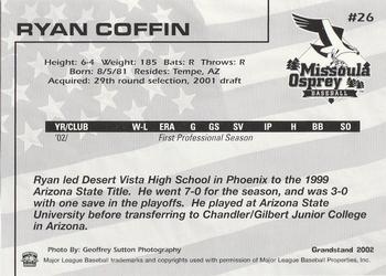 2002 Grandstand Missoula Osprey #26 Ryan Coffin Back