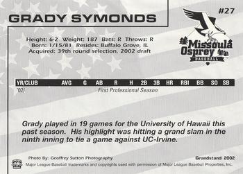 2002 Grandstand Missoula Osprey #27 Grady Symonds Back