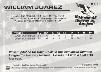 2002 Grandstand Missoula Osprey #30 William Juarez Back