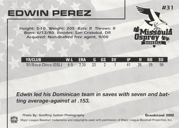 2002 Grandstand Missoula Osprey #31 Edwin Perez Back