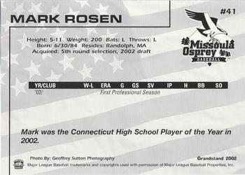 2002 Grandstand Missoula Osprey #41 Mark Rosen Back