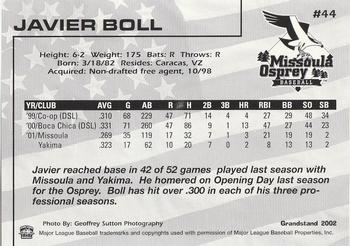 2002 Grandstand Missoula Osprey #44 Javier Boll Back