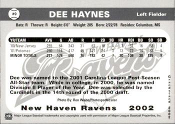2002 Grandstand New Haven Ravens #NNO Dee Haynes Back