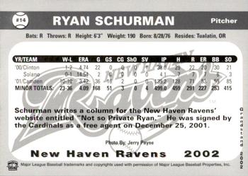 2002 Grandstand New Haven Ravens #NNO Ryan Schurman Back