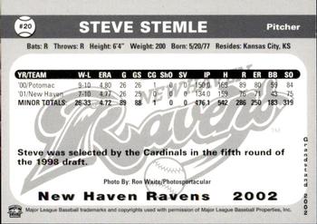 2002 Grandstand New Haven Ravens #NNO Steve Stemle Back