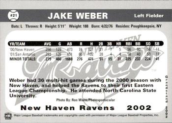 2002 Grandstand New Haven Ravens #NNO Jake Weber Back