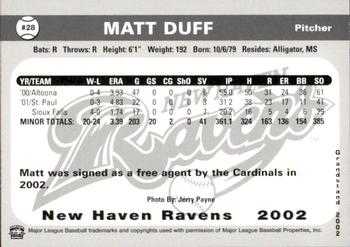 2002 Grandstand New Haven Ravens #NNO Matt Duff Back