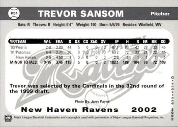 2002 Grandstand New Haven Ravens #NNO Trevor Sansom Back
