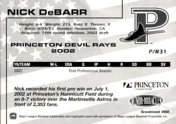 2002 Grandstand Princeton Devil Rays #5 Nick DeBarr Back