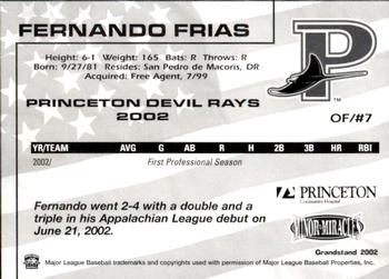 2002 Grandstand Princeton Devil Rays #8 Fernando Frias Back