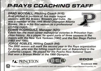 2002 Grandstand Princeton Devil Rays #30 Coaching Staff (Brad Woodall / Edwin Rodriguez / Jorge Robles) Back