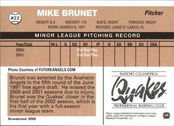2002 Grandstand Rancho Cucamonga Quakes #NNO Mike Brunet Back