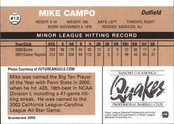 2002 Grandstand Rancho Cucamonga Quakes #NNO Mike Campo Back