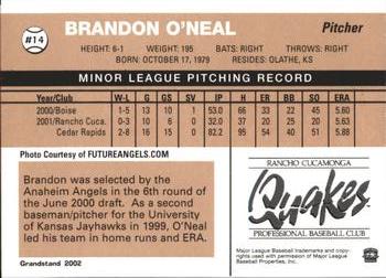 2002 Grandstand Rancho Cucamonga Quakes #NNO Brandon O'Neal Back