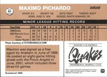 2002 Grandstand Rancho Cucamonga Quakes #NNO Maximo Pichardo Back