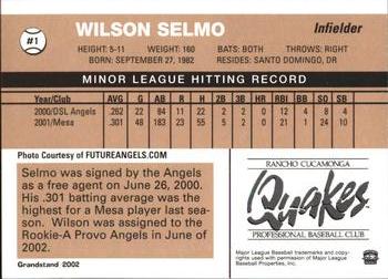 2002 Grandstand Rancho Cucamonga Quakes #NNO Wilson Selmo Back