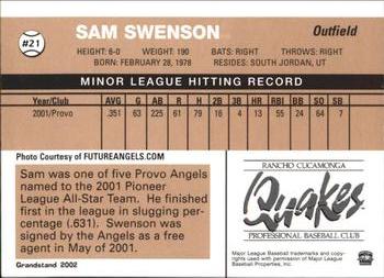 2002 Grandstand Rancho Cucamonga Quakes #NNO Sam Swenson Back