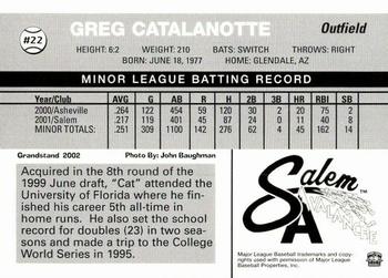 2002 Grandstand Salem Avalanche #NNO Greg Catalanotte Back