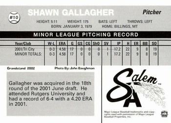 2002 Grandstand Salem Avalanche #NNO Shawn Gallagher Back