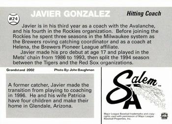 2002 Grandstand Salem Avalanche #NNO Javier Gonzalez Back
