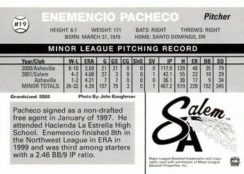 2002 Grandstand Salem Avalanche #NNO Enemencio Pacheco Back