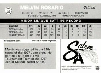 2002 Grandstand Salem Avalanche #NNO Melvin Rosario Back