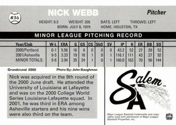 2002 Grandstand Salem Avalanche #NNO Nick Webb Back