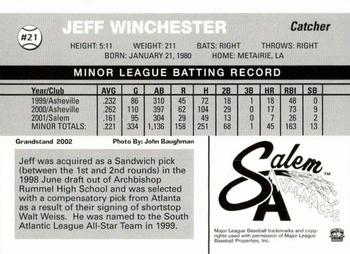 2002 Grandstand Salem Avalanche #NNO Jeff Winchester Back