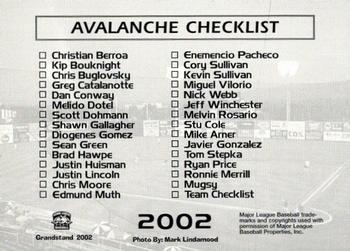 2002 Grandstand Salem Avalanche #NNO Team CL Back