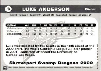 2002 Grandstand Shreveport Swamp Dragons #NNO Luke Anderson Back