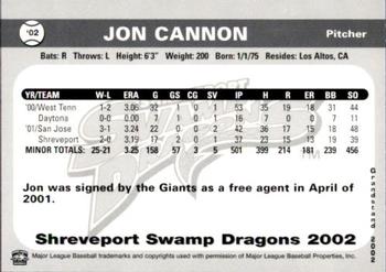 2002 Grandstand Shreveport Swamp Dragons #NNO Jon Cannon Back