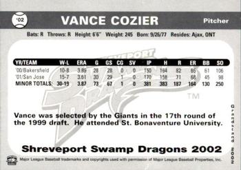 2002 Grandstand Shreveport Swamp Dragons #NNO Vance Cozier Back