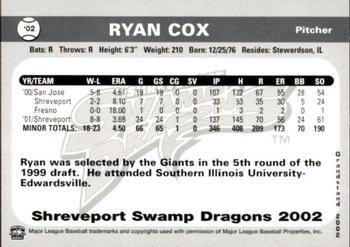 2002 Grandstand Shreveport Swamp Dragons #NNO Ryan Cox Back