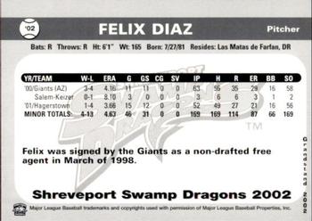 2002 Grandstand Shreveport Swamp Dragons #NNO Felix Diaz Back