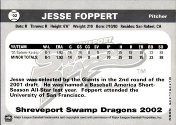 2002 Grandstand Shreveport Swamp Dragons #NNO Jesse Foppert Back