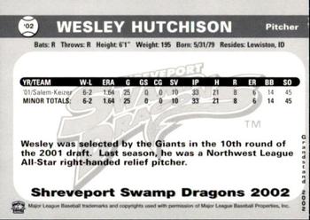 2002 Grandstand Shreveport Swamp Dragons #NNO Wesley Hutchison Back