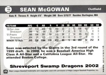 2002 Grandstand Shreveport Swamp Dragons #NNO Sean McGowan Back