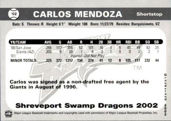 2002 Grandstand Shreveport Swamp Dragons #NNO Carlos Mendoza Back