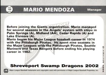 2002 Grandstand Shreveport Swamp Dragons #NNO Mario Mendoza Back