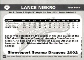 2002 Grandstand Shreveport Swamp Dragons #NNO Lance Niekro Back