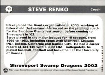 2002 Grandstand Shreveport Swamp Dragons #NNO Steve Renko Back