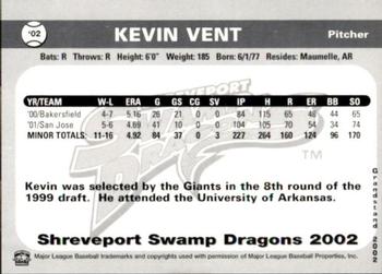 2002 Grandstand Shreveport Swamp Dragons #NNO Kevin Vent Back