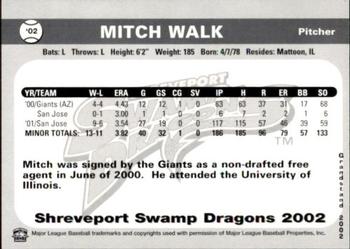 2002 Grandstand Shreveport Swamp Dragons #NNO Mitch Walk Back