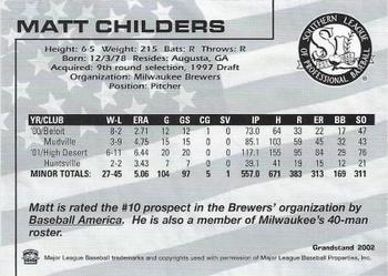 2002 Grandstand Southern League Top Prospects #NNO Matt Childers Back