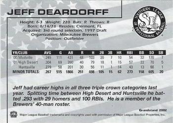 2002 Grandstand Southern League Top Prospects #NNO Jeff Deardorff Back