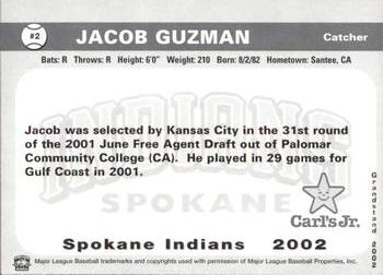 2002 Grandstand Spokane Indians #2 Jacob Guzman Back