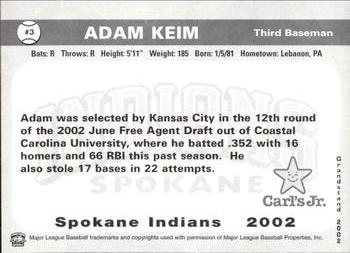 2002 Grandstand Spokane Indians #3 Adam Keim Back