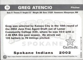 2002 Grandstand Spokane Indians #4 Greg Atencio Back