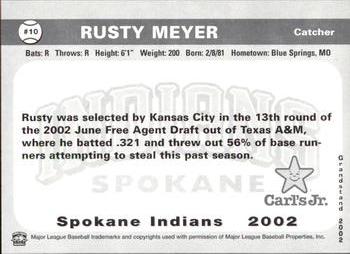 2002 Grandstand Spokane Indians #10 Rusty Meyer Back